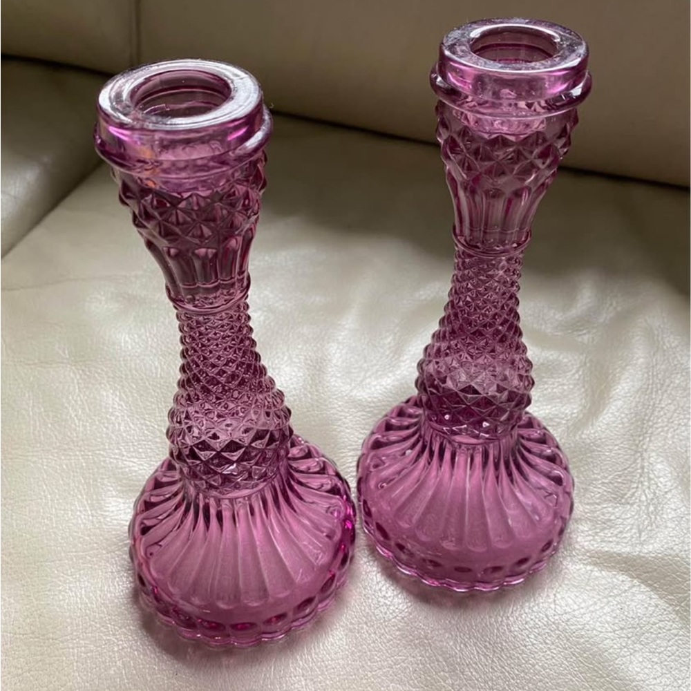 2 Cranberry Amethyst Purple Flashed Art Glass Candleholder